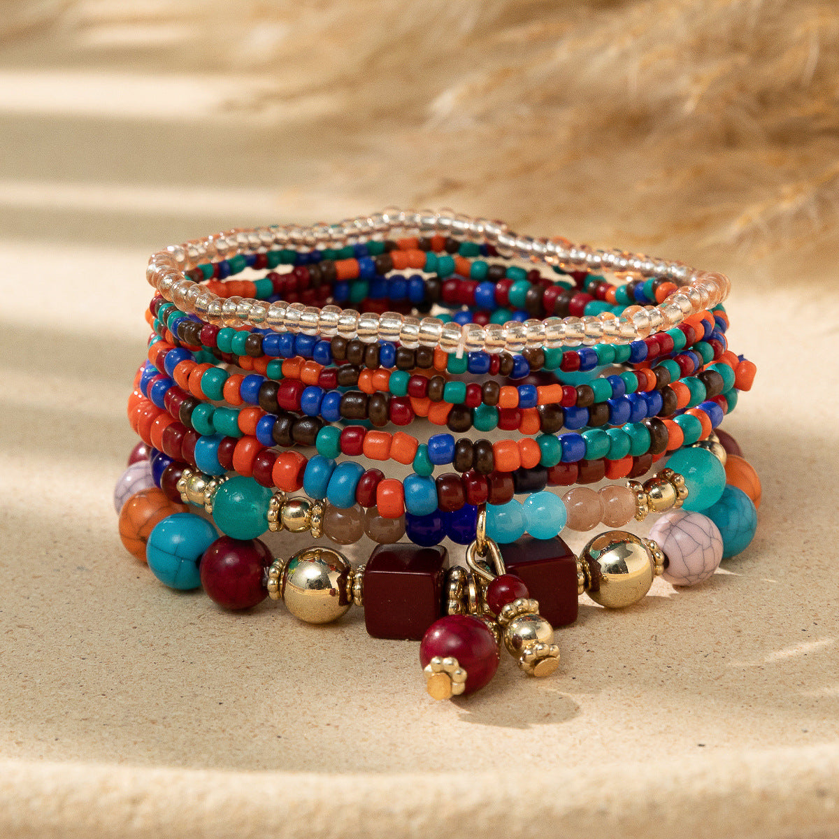 Wholesale Bohemian Contrast Color Stacked Beaded Bracelet Set